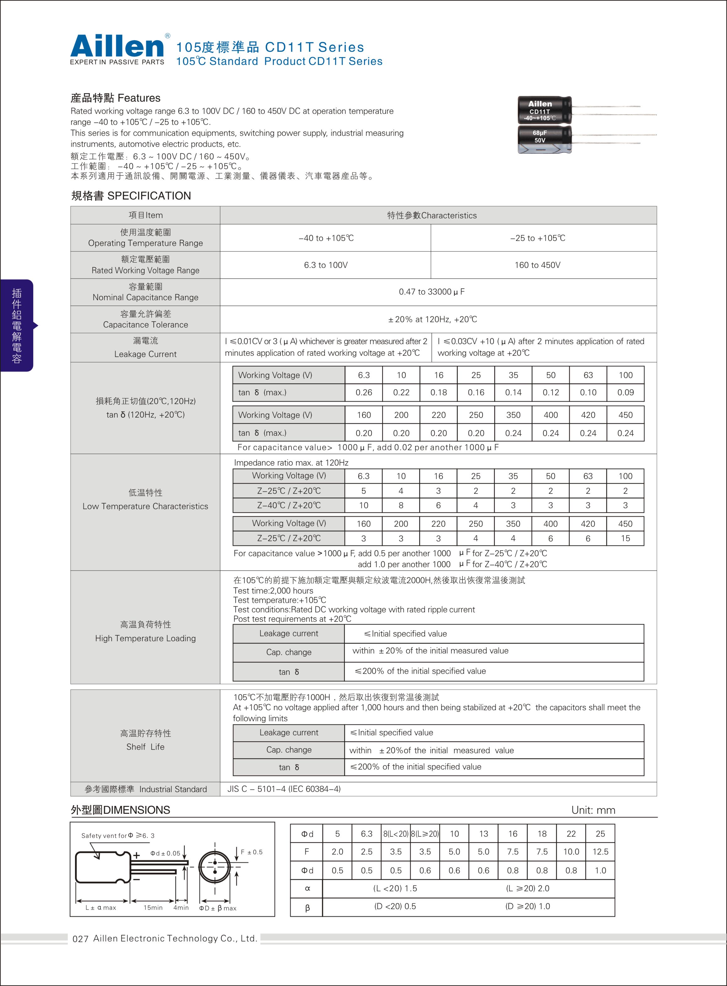 标准插件铝电解电容 CD11T系列