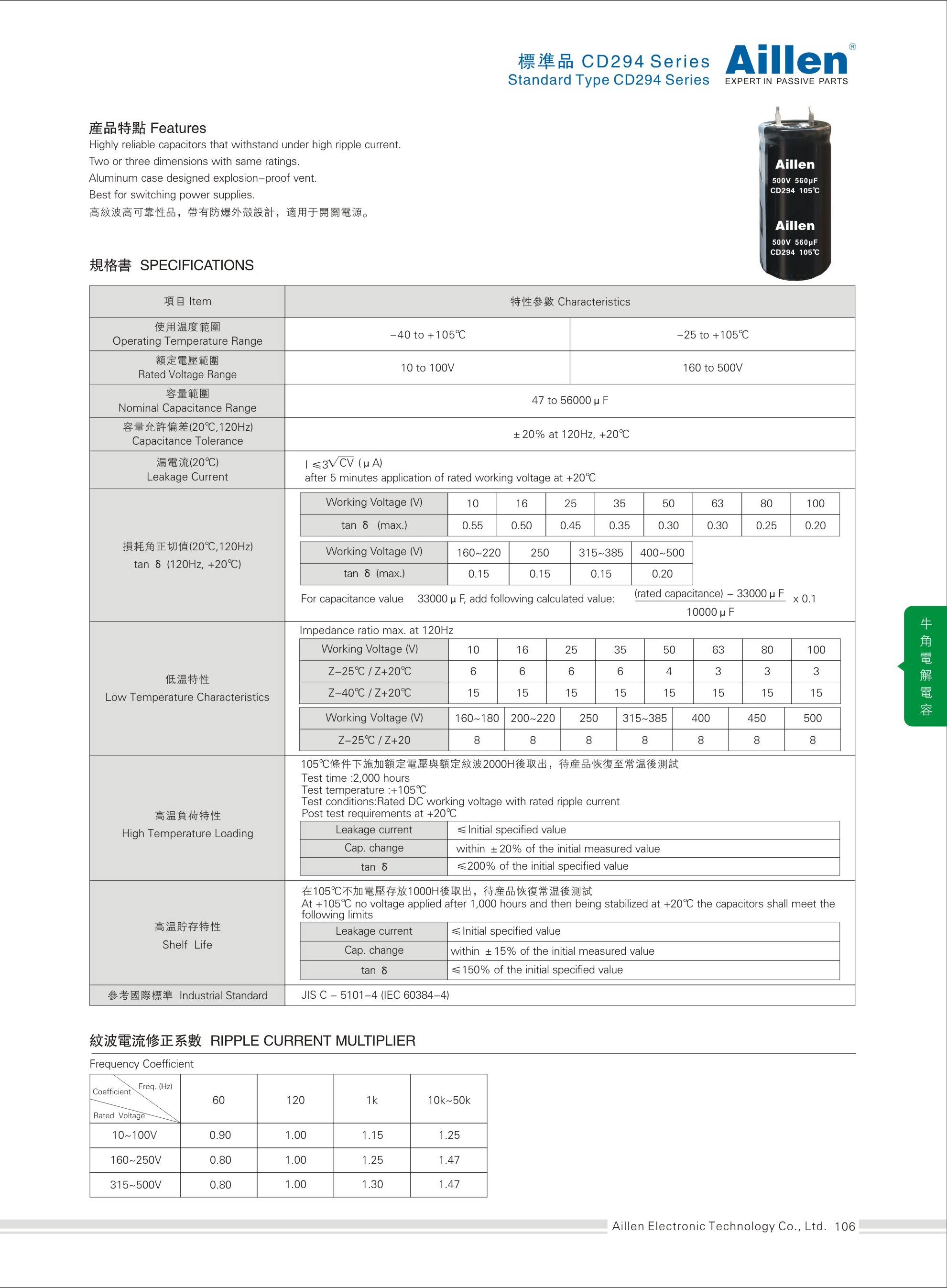 标准品牛角类铝电解电容-CD 294 系列